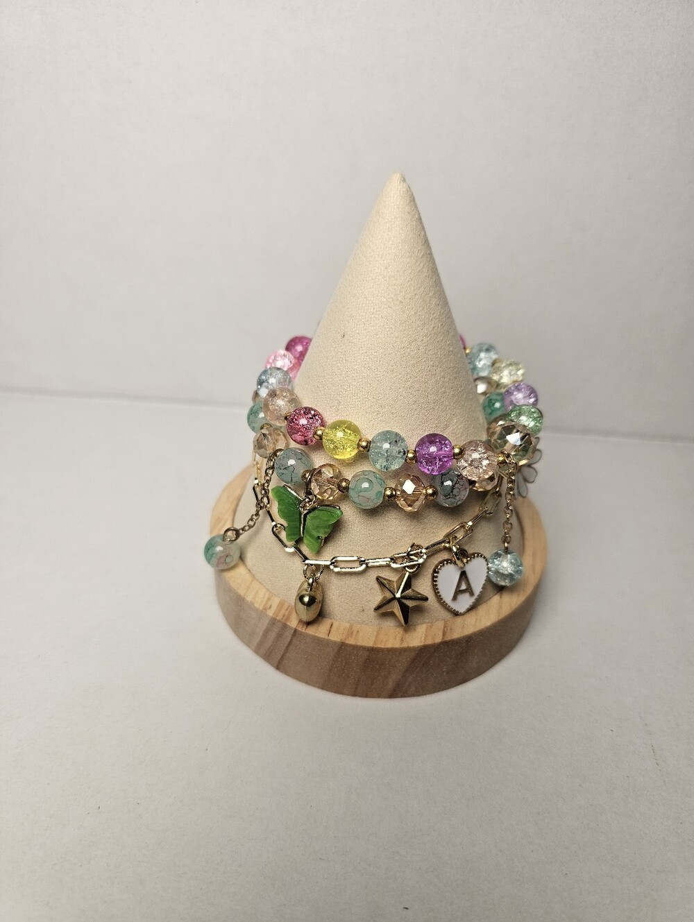 Beautiful Multicolor Beaded Charm Bracelet Stack w/ Green Butterfly Womens Kids